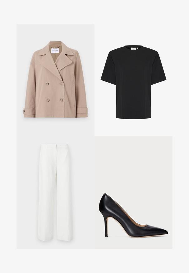 Μπεζ διπλοτσόχινο σακάκι κατασκευασμένο από ύφασμα με μείγμα βαμβακιού, με μεγάλες παλές, δύο μπροστινές τσέπες και κουμπωμένα μανίκια.; Μαύρο κοντομάνικο μπλουζάκι με στρογγυλή λαιμόκοψη, φτιαγμένο από μαλακό, λείο ύφασμα, με άνετη εφαρμογή και χωρίς ορατά σχέδια ή λεπτομέρειες.; Λευκά παντελόνια με φαρδύ κωνικό κόψιμο και λείο υφασμάτινο υλικό, διαθέτοντας επίπεδο μπροστινό μέρος και πιεσμένες πτυχές. Κατασκευασμένα από ελαφρύ ύφασμα, χωρίς ορατά σχέδια.; Μαύρο δερμάτινο ψηλοτάκουνο παπούτσι με μυτερή μύτη και κομψό στιλέτο τακούνι. Η λεία υφή και οι ελάχιστες λεπτομέρειες δημιουργούν έναν κλασικό σχεδιασμό.