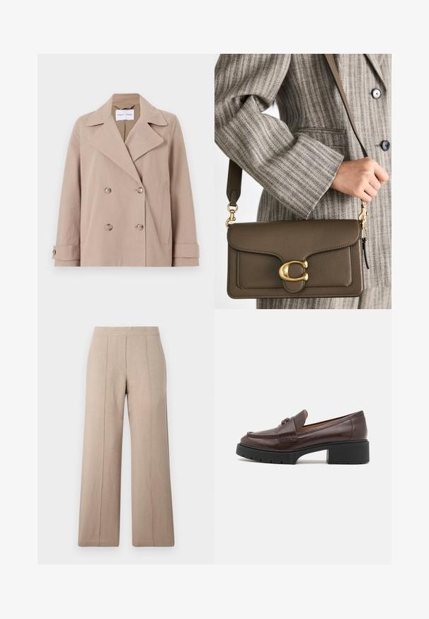 Smėlio spalvos dvigubo užsegimo švarkas, pagamintas iš medvilnės ir poliesterio mišinio, su dideliais atvartais, dviem priekinėmis kišenėmis ir mygtukais užsegamais rankovėmis.; Trumpas rankovės, apvalia iškirpte megztinis, pagamintas iš minkštos, pūkuotos medžiagos kreminių atspalvių. Turi laisvą siluetą, gumbuotas rankogalius ir apačią.; Šviesiai rudos plačių kojų kelnes, pagamintas iš lengvos medžiagos, su priekine raukšle, lygiu juosmeniu ir tiesia forma su švariais aptakiais kraštais.; Rudas odinis laivinis batelis su apvaliu priekiu, siuvinėjimo detalėmis ir masyviu juodu guminio pado kulnu. Lygi tekstūra ir minimalūs akcentai.; COACH TABBY SHOULDER BAG 26 - Rankinė - dark stone