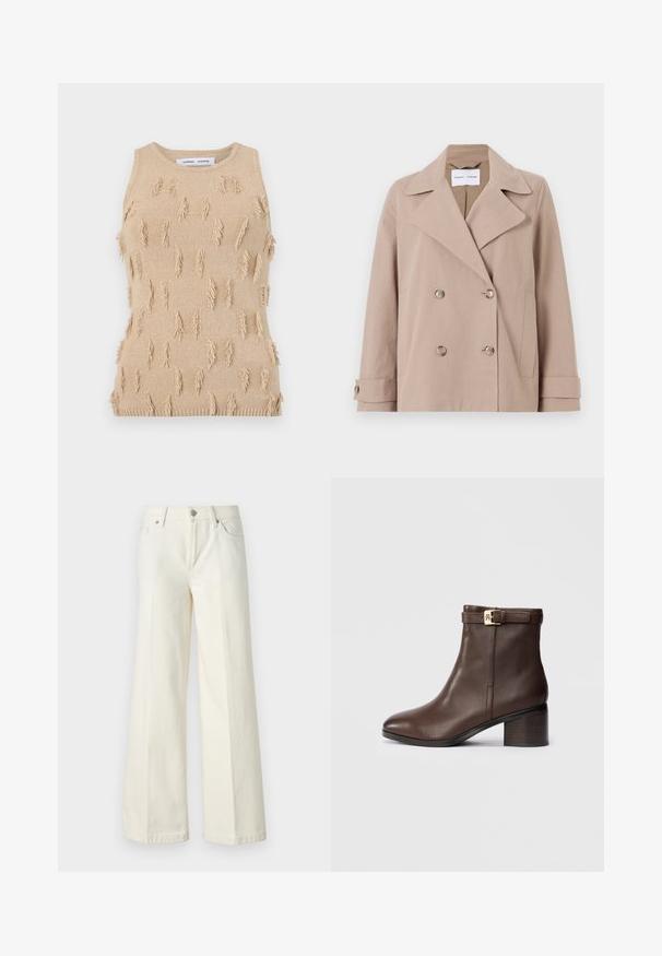 Smėlio spalvos dvigubo užsegimo švarkas, pagamintas iš medvilnės ir poliesterio mišinio, su dideliais atvartais, dviem priekinėmis kišenėmis ir mygtukais užsegamais rankovėmis.; Bežinė megzta be rankovių viršutinė dalis su tekstūruotu dizainu ir išsikišusių franjų akcentais, banguota kaklo linija ir apatine kraštine.; Platūs balti džinsai, pagaminti iš medvilnės mišinio. Yra užtrauktukas, penkių kišenių dizainas ir siūlės išsiuvinėjimas.; Ruda odinė kulkšninių batų pora su apvalia nosimi, žemu blokiniu kulnu ir dekoratyvia sagtimi ant kulkšnies. Lygi tekstūra ir elegantiškas dizainas.