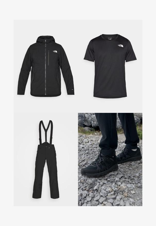 Zwarte hooded jas gemaakt van textuurstof, voorzien van een ritssluiting aan de voorkant, een borstzak en een logo aan de bovenkant van de linkerkant.; Zwarte T-shirt met korte mouwen van gestructureerde stof, voorzien van een klein wit logo op de bovenste linkerborst, rond de hals.; Zwarte high-performance skibroek met verstelbare bretels, ritszakken aan de voorkant en een gladde, duurzame textuur.; Zwarte buitenschoenen van mesh en synthetisch materiaal, met een gestructureerd bovenwerk, een beveiligd vetersysteem en een robuuste zool, op een ruig terrein.