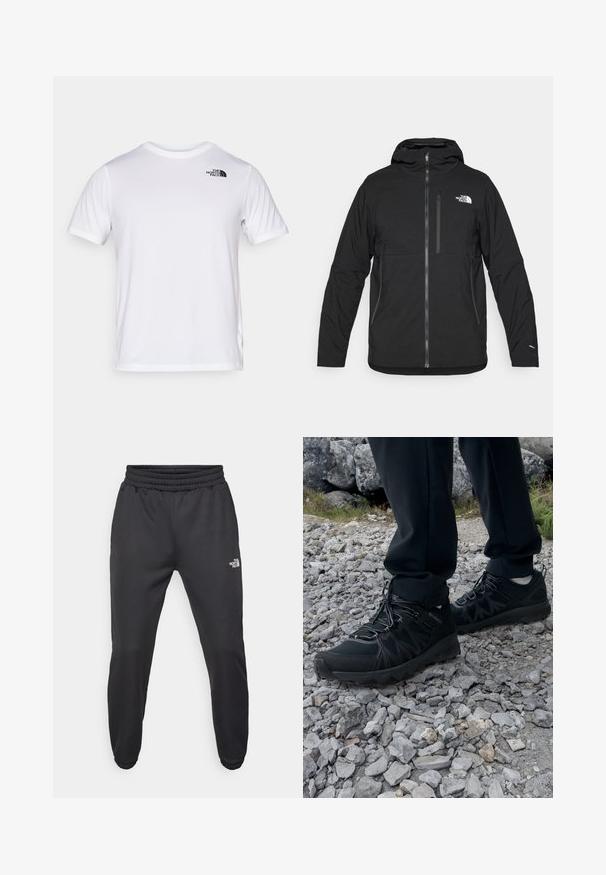Chaqueta negra con capucha hecha de un tejido texturizado, que cuenta con una cremallera frontal, un bolsillo en el pecho y un logo en la parte superior izquierda.; The North Face TEE - Camiseta deportiva - white; Pantalones deportivos negros con cintura ajustable mediante cordón, corte tapered, puños elásticos y un pequeño logo blanco en el muslo izquierdo, fabricados en tejido suave.; Zapatos exteriores negros con malla y material sintético, que presentan un upper texturizado, un sistema de cordones seguro y una suela robusta, sobre terreno rocoso.