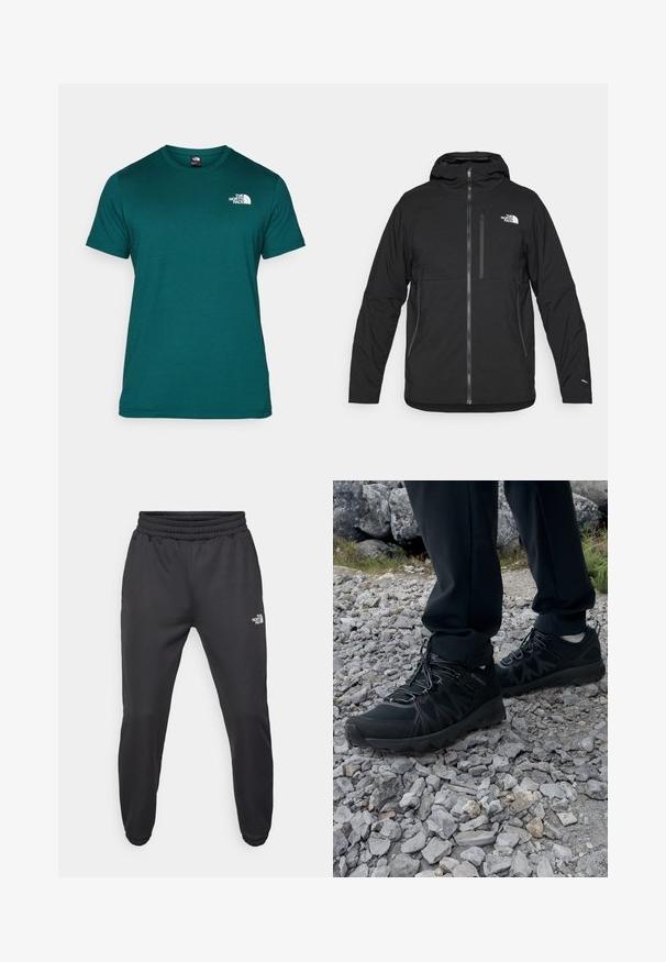 Chaqueta negra con capucha hecha de un tejido texturizado, que cuenta con una cremallera frontal, un bolsillo en el pecho y un logo en la parte superior izquierda.; Camiseta de manga corta en color azul verdoso, hecha de tejido suave. Presenta un cuello redondo y un logotipo blanco en la parte izquierda del pecho. Sin patrones o acentos visibles.; Pantalones deportivos negros con cintura ajustable mediante cordón, corte tapered, puños elásticos y un pequeño logo blanco en el muslo izquierdo, fabricados en tejido suave.; Zapatos exteriores negros con malla y material sintético, que presentan un upper texturizado, un sistema de cordones seguro y una suela robusta, sobre terreno rocoso.