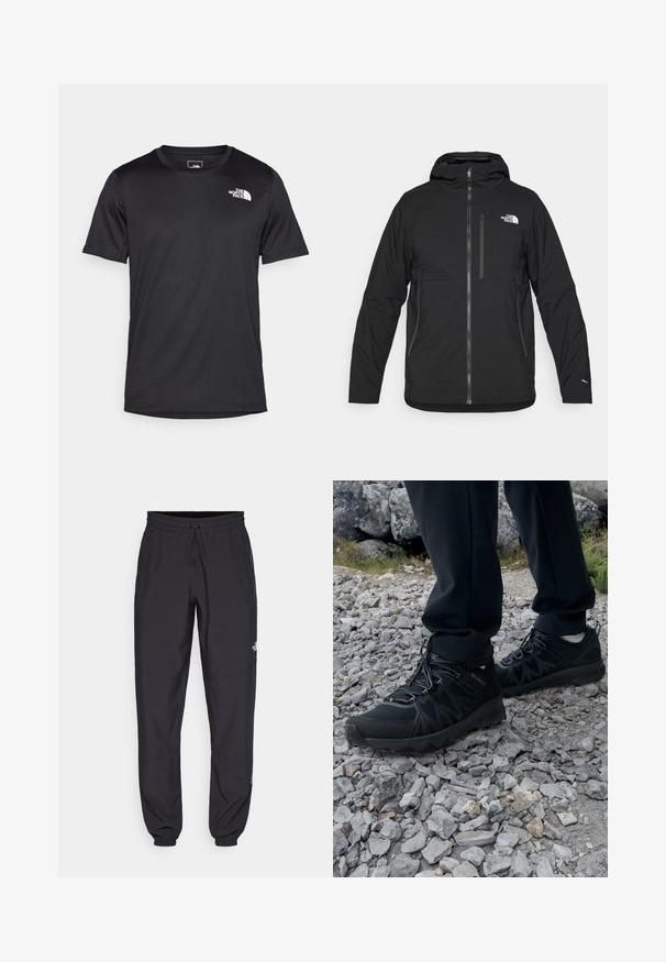 Chaqueta negra con capucha hecha de un tejido texturizado, que cuenta con una cremallera frontal, un bolsillo en el pecho y un logo en la parte superior izquierda.; Camiseta negra de manga corta hecha de tejido texturizado, con un pequeño logotipo blanco en la parte superior izquierda del pecho, escote redondo.; Pantalones deportivos negros hechos de un tejido ligero, con una cinturilla ajustable, bolsillos laterales y puños ajustados en los tobillos.; Zapatos exteriores negros con malla y material sintético, que presentan un upper texturizado, un sistema de cordones seguro y una suela robusta, sobre terreno rocoso.