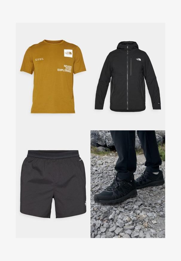 Chaqueta negra con capucha hecha de un tejido texturizado, que cuenta con una cremallera frontal, un bolsillo en el pecho y un logo en la parte superior izquierda.; The North Face GRAPHIC BOXES FOUNDATION TEE - Camiseta deportiva - moss green; Bañadores negros confeccionados en tela ligera con un patrón de cuadros. Cuentan con una cintura elástica y un logo en el frente.; Zapatos exteriores negros con malla y material sintético, que presentan un upper texturizado, un sistema de cordones seguro y una suela robusta, sobre terreno rocoso.