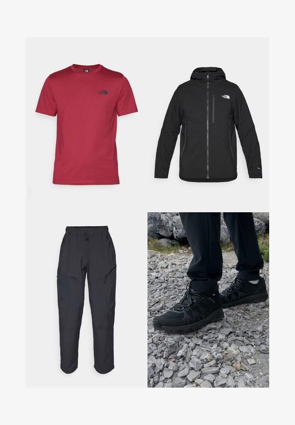 Chaqueta negra con capucha hecha de un tejido texturizado, que cuenta con una cremallera frontal, un bolsillo en el pecho y un logo en la parte superior izquierda.; The North Face M SS SIMPLE DOME TEE - Camiseta deportiva - beetroot; Pantalones cargo negros hechos de un material ligero y resistente al agua; cuentan con una cintura elástica, múltiples bolsillos con cremallera y piernas ajustadas.; Zapatos exteriores negros con malla y material sintético, que presentan un upper texturizado, un sistema de cordones seguro y una suela robusta, sobre terreno rocoso.