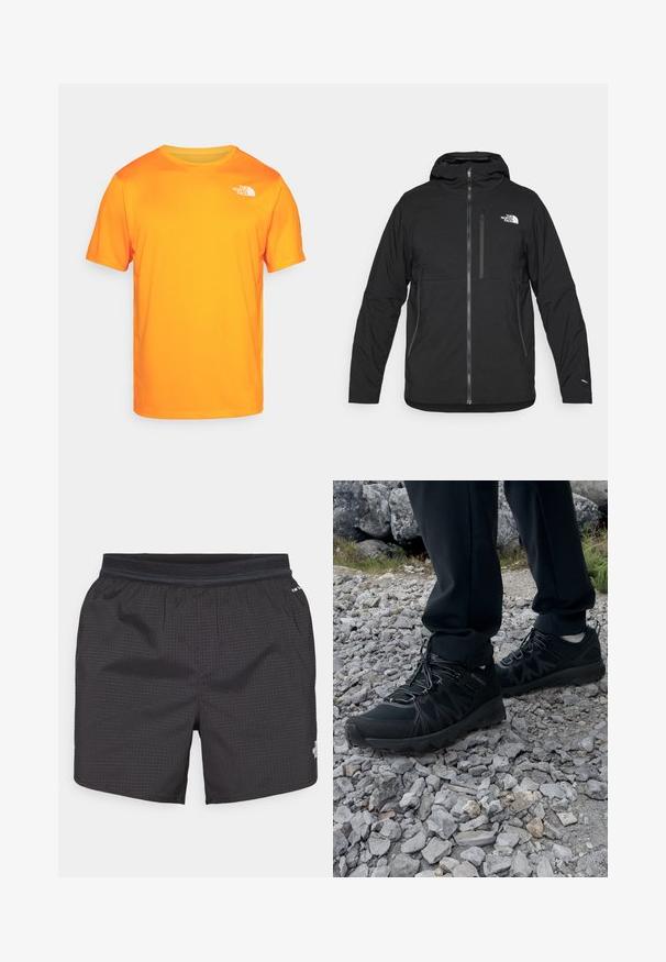 Svart hettejakke laget av teksturert stoff, med glidelås foran, en brystlomme og en logo på øvre venstre side.; Kortermet T-skjorte i lys oransje med rund hals. Laget av pustende materiale, med en liten hvit logo på øvre venstre side.; Svarte svømmebukser laget av lett stoff med rutemønster. Har en elastisk midje og en logo på forsiden.; Sorte utendørssko i svart med mesh og syntetisk materiale, med en teksturert overdel, sikret snøresystem og en robust såle, på steinete terreng.