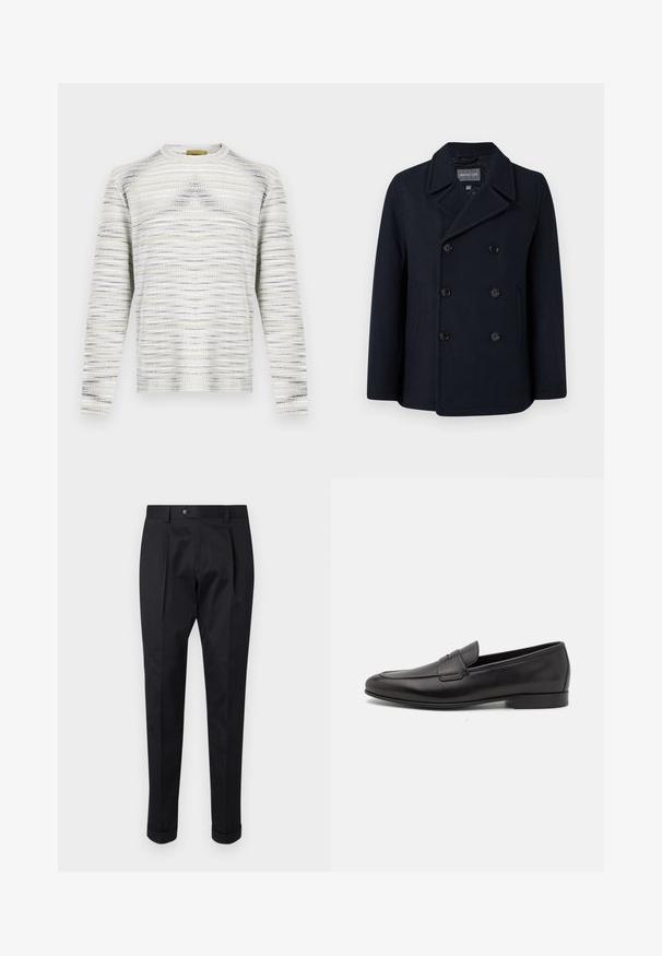 Mescola di lana blu navy, doppiopetto con chiusura a bottoni, colletto a sottogola, tasche laterali e texture morbida. Interno foderato.; Maglione lavorato a maglia con motivo strutturato in bianco, grigio e lavanda. Presenta una scollatura rotonda e maniche lunghe. Forma semplice e squadrata.; Pantaloni neri realizzati in un tessuto liscio, con una piega sul davanti, chiusura con bottone e risvolti alla caviglia.; Mocassino da uomo in pelle nera con tacco basso e design classico a striscia, mostrato in profilo laterale su sfondo bianco.