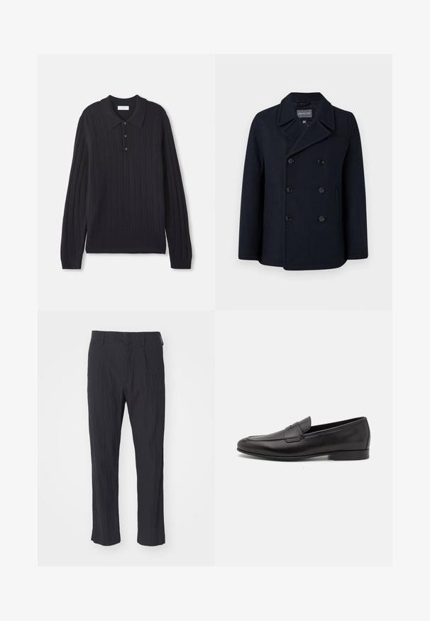 Mornarsko plašč iz mešanice volne s dvojno zaponko, izrezan ovratnik, stranske žepe in gladko teksturo. Obložen notranji del.; Temno modra dolga polo majica z dolgimi rokavi iz pletenine, s tremi gumbi in rebrastim robom, z vidno navpično črto v teksturi.; Črne pliseerane hlače z teksturirano tkanino, ki imajo ravno nogo in standarden pas. Brez vidnih žepov ali dodatkov.; Moški črni usnjeni loafer s nizkim peto in klasičnim penny trakom, prikazan v bočnem profilu na belem ozadju.