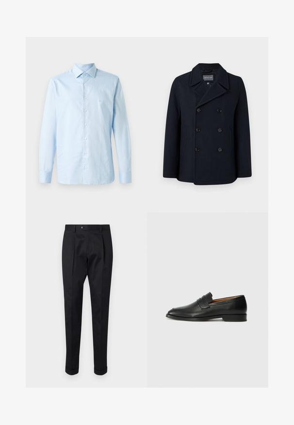 Marine ullblandings peacoat med dobbeltradet knappelukking, notched krage, sidelommer og glatt tekstur. Fôret innvendig.; Lys blå langermet skjorte laget av bomull. Har krage med knapper, sentral knappestolpe og subtil logoakkent på brystet.; Sorte bukser laget av et glatt stoff, med en fold foran, knappelukking, og oppbrettede mansjetter ved ankelen.; Svart skinnloafer med rund tå, subtilt sydd detaljering og lav hæl, med en glatt tekstur og minimalistisk design.