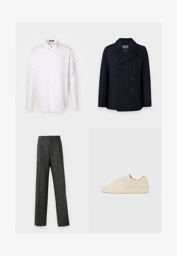 Peacoat em mistura de lã azul-marinho com fecho de botão duplo, colarinho com notches, bolsos laterais e textura suave. Interior forrado.; Camisa branca de manga longa, com botões, feita de tecido leve. Apresenta um colarinho clássico, sete botões na frente e uma textura subtil.; Calças cinzentas ajustadas, feitas de um tecido texturizado, com duas pregas frontais e um design de perna reta. Sem bolsos visíveis ou enfeites.; Sapatilhas de camurça bege com um design de cano baixo, bico redondo, atacadores planos e uma sola de borracha texturizada. Estilo minimalista sem logótipos visíveis.