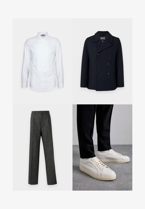 Marineblauwe wolmix peacoat met dubbele knoopsluiting, ingesneden kraag, zijzakken en een soepele textuur. Gevoerde binnenkant.; Witte longsleeve shirt van katoen. Heeft een geplooide voorkant, puntige kraag en klassieke knoopsluiting. Glad textuur en getailleerde pasvorm.; Grijze op maat gemaakte broek van gestructureerde stof, met twee voorplooien en een rechte pijp. Geen zichtbare zakken of versieringen.; Lichtbeige leren sneakers met platte veters, een gestructureerd oppervlak en een contrasterende crème-kleurige rubberen zool, gecombineerd met zwarte taps toelopende broek.