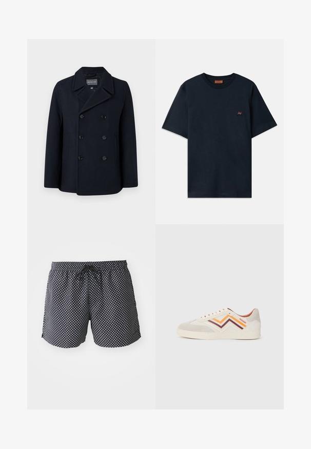 Manteau en laine mélangée bleu marine avec fermeture à boutons double boutonnage, col cranté, poches latérales et texture lisse. Intérieur doublé.; T-shirt en coton bleu marine avec un col rond et des manches courtes. Présente un petit logo en zigzag rouge et blanc sur la poitrine.; Shorts de bain noirs avec un motif circulaire blanc, taille élastique avec cordon de serrage et coupe ample pour le confort.; Baskets en daim gris clair avec des rayures en zigzag orange, bordeaux et crème. Semelle en caoutchouc, bout rond et laçage avec œillets. Logo sur le côté.