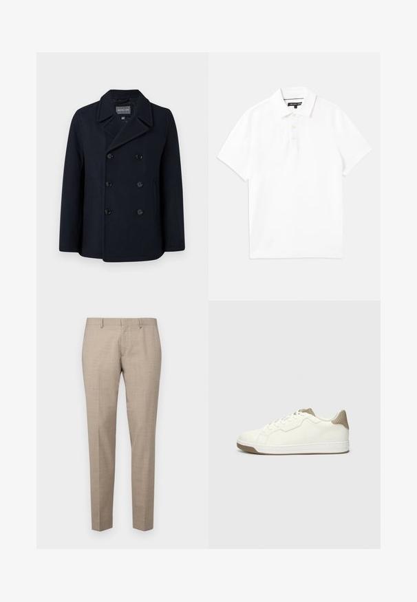 Peacoat em mistura de lã azul-marinho com fecho de botão duplo, colarinho com notches, bolsos laterais e textura suave. Interior forrado.; Camisa polo branca feita de uma mistura de algodão respirável, apresentando colarinho, mangas curtas e uma pala com três botões. Textura suave, sem padrões.; Michael Kors LIGHT TRAVEL PANT - Calças - beige; Sapatilhas brancas em couro com um calcanhar de malha bege texturizada. Apresenta atacadores redondos, uma sola de borracha e detalhes de design minimalistas.