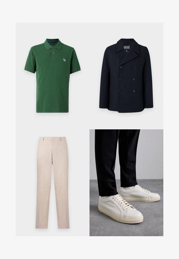 Peacoat em mistura de lã azul-marinho com fecho de botão duplo, colarinho com notches, bolsos laterais e textura suave. Interior forrado.; Camisa polo verde em algodão, com uma pala de três botões, mangas curtas e um pequeno logótipo bordado no peito.; Calças justas em tom bege claro, feitas de tecido texturado. Design de perna reta com dois bolsos frontais e frente lisa. Sem hardware visível.; Tênis de couro bege claro com atacadores planos, uma superfície texturizada e uma sola de borracha creme contrastante, combinados com calças pretas ajustadas.