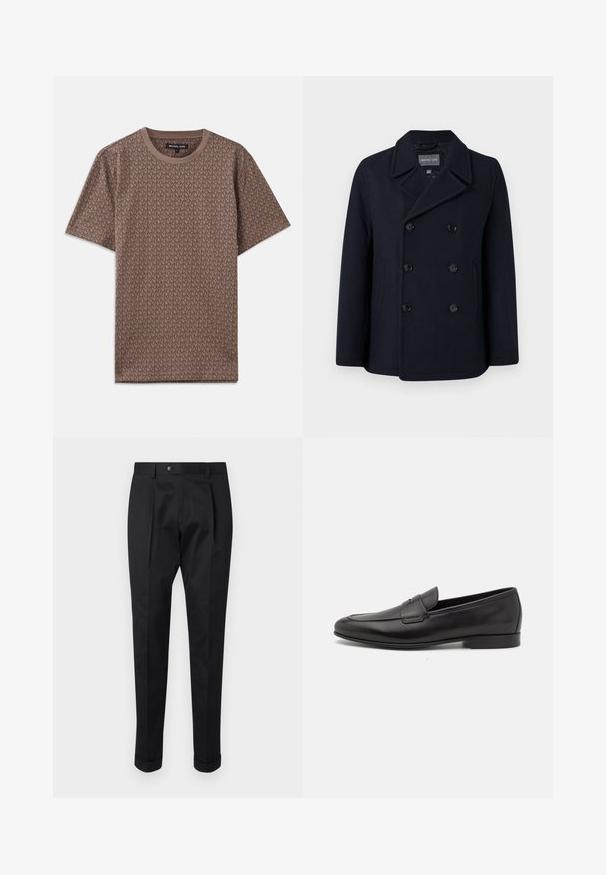 Navy wool-blend peacoat with double-breasted button closure, notched collar, side pockets, and smooth texture. Lined interior.; Brown short-sleeve t-shirt featuring a repeating MK logo pattern, crew neckline, and soft fabric texture.; Black trousers made of a smooth fabric, featuring a fold at the front, a button closure, and rolled cuffs at the ankle.; Black leather men's loafer with a low heel and a classic penny strap design, shown in side profile on a white background.