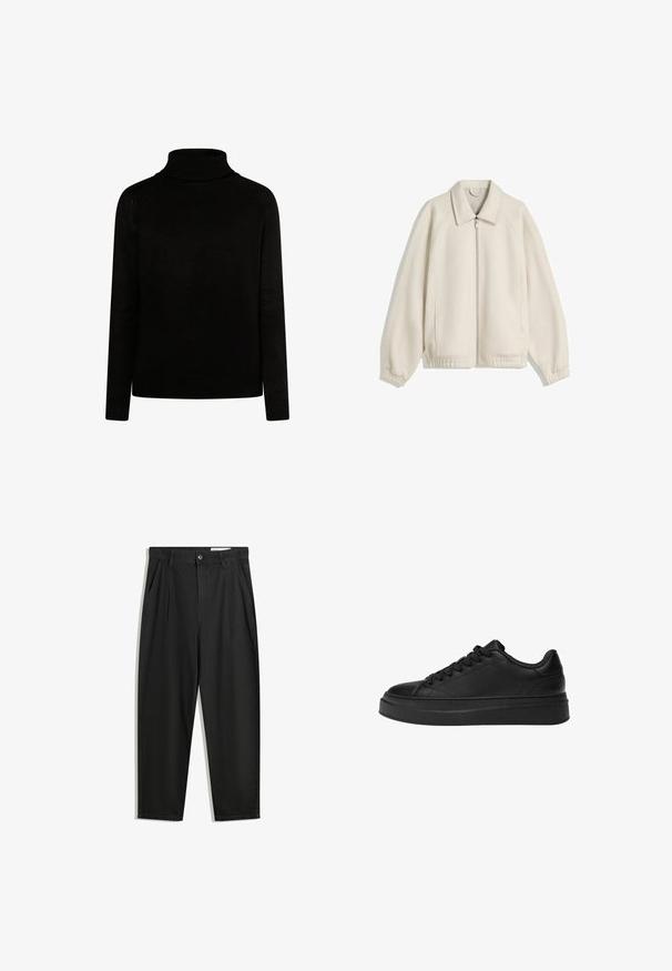 Crème-kleurige zip-up jack met een omgeslagen kraag, raglanmouwen, elastische manchetten en zijzakken; gemaakt van gestructureerde stof.; Zwarte coltrui in een geribbelde textuur, met lange mouwen en een nauwsluitende pasvorm. Kenmerkt zich door gebreide details bij de kraag en manchetten.; Zwarte katoenen broeken met een losse pasvorm, voorzien van een klassieke tailleband, voorplooien en zijzakken. Gladde structuur zonder patronen.; Zwarte sneaker van gladleer, met een ronde neus, een dikke platformzool en een traditionele vetersluiting met zes vetergaatjes.