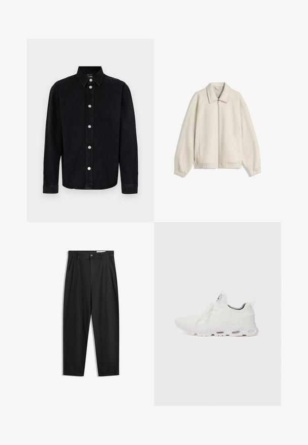 Veste zippée couleur crème avec un col rabattable, des manches raglan, des poignets élastiques et des poches latérales ; fabriquée en tissu texturé.; Chemise en denim noir à manches longues, avec col boutonné et éléments en métal argenté. Présente une coupe droite et une texture lisse.; Pantalon en coton noir avec une coupe décontractée, dotés d'une taille classique, de plis à l'avant et de poches latérales. Texture lisse sans motifs.; Baskets blanches de sport avec un dessus en maille texturée, des lacets plats et une semelle rembourrée avec des chambres à air visibles pour un soutien supplémentaire.