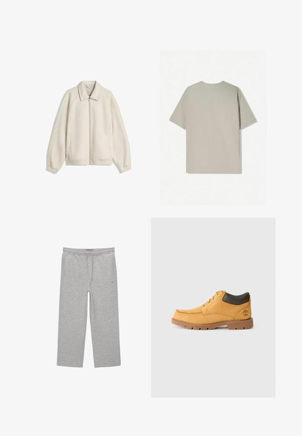 Cremefarvet zip-jakke med nedslåetkrave, raglanærmer, elastiske manchetter og sidelommer; lavet af struktureret stof.; Beige bomulds T-shirt med korte ærmer. Har et enkelt design og en rund halsudskæring. Glat tekstur med minimal syning på bagsiden.; Grå bomulds-loungebukser med elastisk talje, snor og to sidelommer; lige ben-design, blød tekstur, uden mønstre.; Gul læder sko med brun gummisål, rund tå og grøn læderdetalje ved anklen. Har guldøjer og stikningsdetaljer.