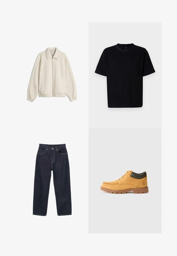 Kermanshimainen vetoketjullinen takki kääntökauluksella, raglan-hihalla, elastisilla hihansuilla ja sivutaskuilla; valmistettu tekstuurisesta kankaasta.; Musta puuvillapaita, jossa on pyöreä pääntie, lyhyet hihat ja suora leikkaus. Ominaisuuksiin kuuluu minimaalinen ommel ja pehmeä, sileä tekstuuri.; Tummansiniset farkut, joissa on rento malli, viisi taskua, erottuva keltainen ommel ja nappikiinnitys edessä.; Keltainen nahkakenkä ruskealla kumipohjalla, pyöreällä kärjellä ja vihreällä nahkasaumalla nilkassa. Ominaisuuksia ovat kultaiset reiät ja ompeluakkentit.