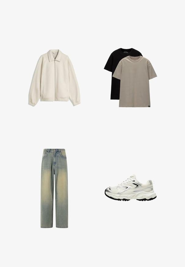 Jakna boje kreme s zatvaračem, okrenutim ovratnikom, raglan rukavima, elastičnim rukavima i bočnim džepovima; izrađena od teksturiranog materijala.; Set od dva majice; jedna crna, jedna svijetlosmeđa. Standardni kroj s okruglim izrezima, napravljene od mekanog pamučnog materijala. Jednostavan dizajn, bez uzoraka.; Svijetloplave traper široke hlače s izblijedjelim gradijentom, s pet džepova i klasičnom pucolacijom s petljama za remen.; Bijele tenisice s mrežastim gornjim dijelom, srebrnim naglascima, crnim potplatom i teksturiranim panelima. Imaju vezivanje na vezice i zaobljen oblik prstiju.