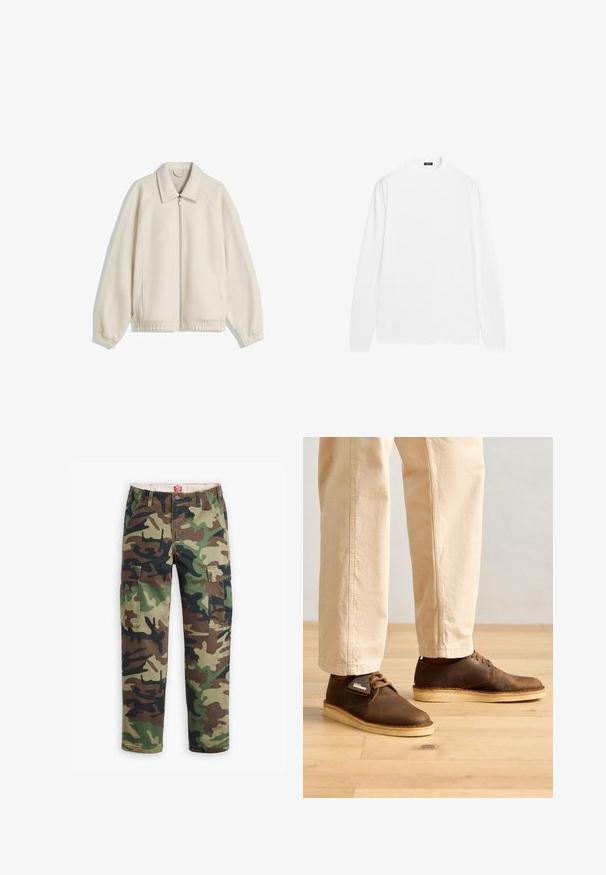 Crème-kleurige zip-up jack met een omgeslagen kraag, raglanmouwen, elastische manchetten en zijzakken; gemaakt van gestructureerde stof.; Wit shirt met lange mouwen en ronde hals, gemaakt van glad katoen. Heeft geribbelde manchetten en een rechte zoom, zonder zichtbare patronen.; Cargobroeken in een camouflagepatroon met groene, bruine en zwarte tinten. Gemaakt van katoen met meerdere zakken en een relaxte fit.; Bruine leren schoenen met een gladde afwerking, ronde neus en lichtgekleurde rubberen zolen. Vergezeld van lichtbeige broek.