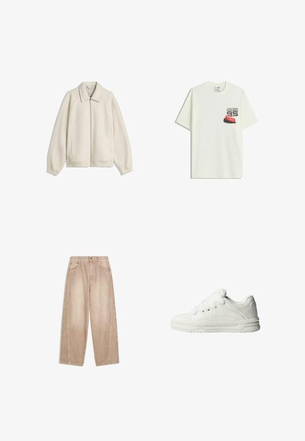 Jakna boje kreme s zatvaračem, okrenutim ovratnikom, raglan rukavima, elastičnim rukavima i bočnim džepovima; izrađena od teksturiranog materijala.; Bijela kratkih rukava majica s malim grafikom crvenog automobila Lightning McQueen i tekstom "Lightning McQueen 95" na lijevoj strani grudi.; Bežani kord papir široke hlače s okomitim rebrima, koje imaju prednje džepove, petlje za remen i zatvaranje na munje s dugmetom.; Bijele tenisice s glatkom kožnom vanjštinom, mekanim jezikom, ravnim vezicama i teksturiranim detaljima na stranicama i peti.