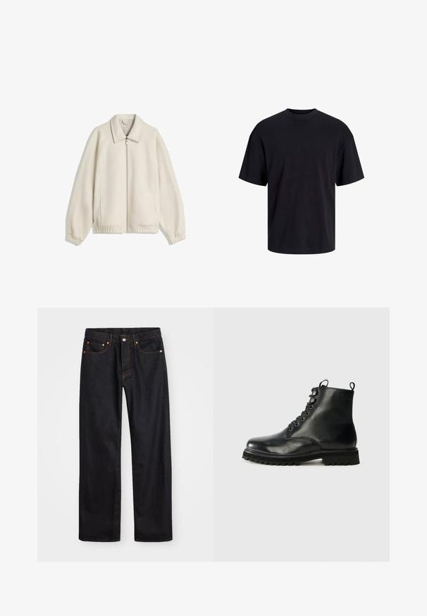 Krémová zipová bunda s přehnutým límcem, raglánovými rukávy, elastickými manžetami a bočními kapsami; vyrobena z texturované tkaniny.; Černé bavlněné tričko s kulatým výstřihem, krátkými rukávy a volným střihem. Hladká textura a žádné viditelné vzory ani akcenty.; Pánské černé džíny rovného střihu s pěti kapsami a oranžovým prošíváním, s knoflíkem a zipem na předním pásku.; Černá kožená kotníková obuv s kulatou špičkou, šněrováním vpředu a texturovanou gumovou podrážkou. Obsahuje poutko na patě a kontrastní švy.