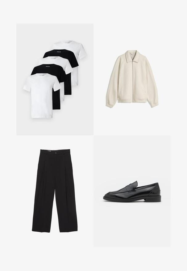 Kremna zip-up jakna s preklopnim ovratnikom, raglan rokavi, elastični manžeti in stranskimi žepi; izdelana iz teksturirane tkanine.; Pet osnovne majice na vrhu: dve bele in tri črne. Kratki rokavi, krožni ovratnik, mehak bombažni material.; Črne široke hlače iz gladkega blaga, z ravnim pasom, sprednjimi povešalnimi pregibi in enim gumbom za zapiranje.; Črne usnjene loafersice z gladko površino, s zaobljenim prstom in ozkim pasom čez zgornji del. Nizek zložen petek.