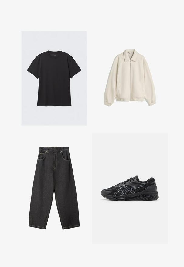 Cremefarvet zip-jakke med nedslåetkrave, raglanærmer, elastiske manchetter og sidelommer; lavet af struktureret stof.; Sort kortærmet t-shirt lavet af bomuld. Har en rund halsudskæring og en afslappet pasform. Enkel design uden synlige mønstre eller accenter.; Sorte denim brede bukser med gule sømme, fem-lomme-design og en mid-rise talje. Struktureret stof med en glat overflade.; Herrerunning sko i sort mesh med reflekterende sølv detaljer, der har en polstret sål og en struktureret overflade for godt greb.