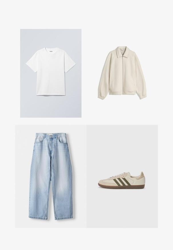 Krémová zipová bunda s přehnutým límcem, raglánovými rukávy, elastickými manžetami a bočními kapsami; vyrobena z texturované tkaniny.; Bílý bavlněný tričko s kulatým výstřihem, krátkými rukávy a volnějším střihem. Na výstřihu je štítek s nápisem "WEEKDAY".; Světle modré džíny s širokými nohavicemi, středním pasem, pěti kapsami a jemným vyblednutím; zakončené rovný lem a poutky na pásek.; adidas Originals SAMBA OG UNISEX - Tenisky - alumina/medium dark khaki/gum