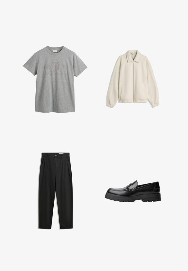 Krémová zipsová bunda s preklopeným golierom, raglánovými rukávmi, elastickými manžetami a bočnými vreckami; vyrobená z textúrovanej tkaniny.; Šedé bavlnené tričko s krátkymi rukávmi a okrúhlym výstrihom, s vyvýšeným logom, ktoré obsahuje "GANT" a "American Sportswear."; Čierne bavlnené nohavice s voľným strihom, s klasickým pásom, prednými záhybmi a bočnými vreckami. Hladká textúra bez vzorov.; Čierne kožené mokasíny s masívnou podrážkou a dekoratívnym pásom cez hornú časť, zobrazené z ľavého bočného profilu na bielom pozadí.