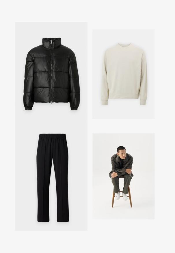 Must mustaga jakker, millel on kõrge krae, luku esikinnitus, tikanditud disain, elastsed mansetid ja läikiv, sile kangast viimistlus.; Soehking heegrebees värviga sweatshirt pehmest kangast, ümmarguse kaelusega, pikkade varrukatega ja ribanitest mansettide ja alläärega. Minimalistlik disain, ilma nähtavate mustriteta.; Mustad, elastse puusärgid sirge säärega, mis on sileda tekstuuriga ja ilma nähtavate mustrite või riistadega.; Pruun nahkjope laia kraega, sobitatud tumeroheliste teksade ja valgete tennistega. Mudel istub puidust taburetil.