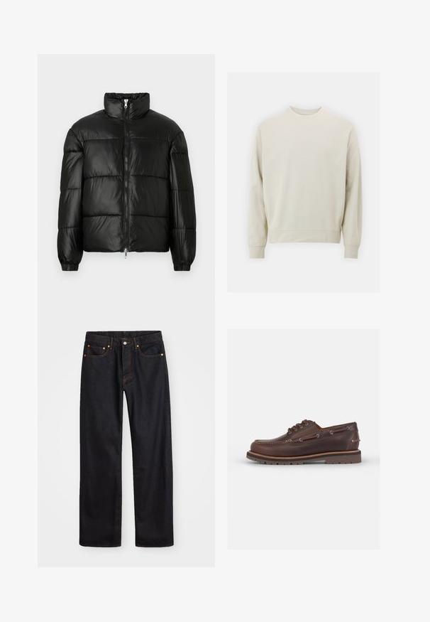 Μαύρο μπουφάν με φουσκωτό σχέδιο, ψηλό γιακά, κλείσιμο με φερμουάρ μπροστά, ραφές τύπου καπιτονέ, ελαστικές μανσέτες και γυαλιστερή, λεία υφή.; Ανοιχτό μπεζ φούτερ φτιαγμένο από μαλακό ύφασμα με στρογγυλή λαιμόκοψη, μακριά μανίκια και ριμπ ύφανση στις μανσέτες και το ποδόγυρο. Μινιμαλιστικός σχεδιασμός, χωρίς ορατά μοτίβα.; Ανδρικό τζιν παντελόνι σε ευθεία γραμμή, μαύρου χρώματος, με πέντε τσέπες και πορτοκαλί ραφές, με κουμπί και φερμουάρ στον μπροστινό ιμάντα.; Καφέ δερμάτινο παπούτσι σκάφους με στρογγυλή μύτη, έξι χρυσαφένιες οπές, αντίθετη ραφή και υφή από καουτσούκ στην σόλα.