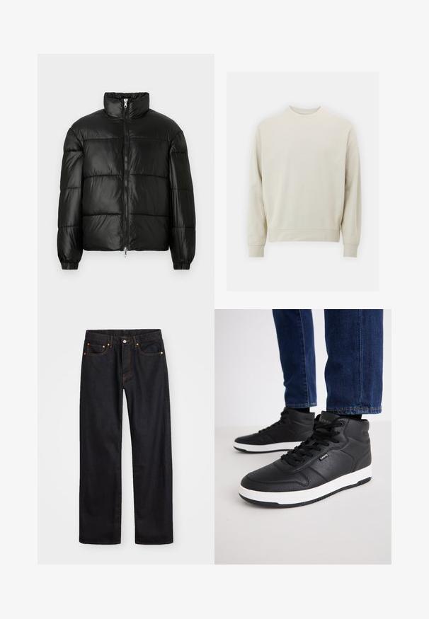 Svart pufferjakke med høy krage, glidelås foran, quiltet design, elastiske mansjetter og blank, glatt stofffinish.; Lys beige sweatshirt laget av myk stoff med rund hals, lange ermer og ribbestrikkede mansjetter og hem. Minimalistisk design, ingen synlige mønstre.; Men's straight-leg svarte denim jeans med fem lommer og oransje søm, knapp og glidelås lukking foran på midjen.; Sorte høye sneakers laget av teksturert lær, med svarte snører, en hvit gummisåle og en liten logo på siden.