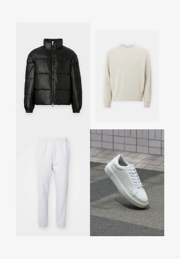Fekete puffernadrág magas gallérral, cipzáras elülső záródással, steppelt kialakítással, elasztikus mandzsettákkal és fényes, sima szövetfelülettel.; Világos bézs színű pulóver, puha anyagból, kerek nyakkivágással, hosszú ujjal, bordás mandzsettával és aljjal. Minimalista dizájn, nem látható minták.; Világosszürke, puha pamutkeverékből készült melegítőnadrág, rugalmas derékkal és szűkített mandzsettákkal a bokáknál. Nincsenek látható minták vagy logók.; Fehér bőr sportcipő sima felülettel, kerek orral és lapos fehér fűzőkkel. Texturált gumitalppal és minimális dizájnelemekkel rendelkezik.