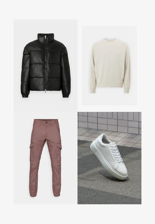 Black puffer jacket with a high collar, zip front closure, quilted design, elastic cuffs, and shiny, smooth fabric finish.; Light beige sweatshirt made of soft fabric with a crew neck, long sleeves, and ribbed cuffs and hem. Minimalist design, no visible patterns.; Cargo pants in soft burgundy fabric with elastic cuffs, multiple side pockets, and flat front design, suitable for casual wear or outdoor activities.; White leather sneaker with a smooth surface, round toe, and flat white laces. Features a textured rubber sole and minimal design elements.