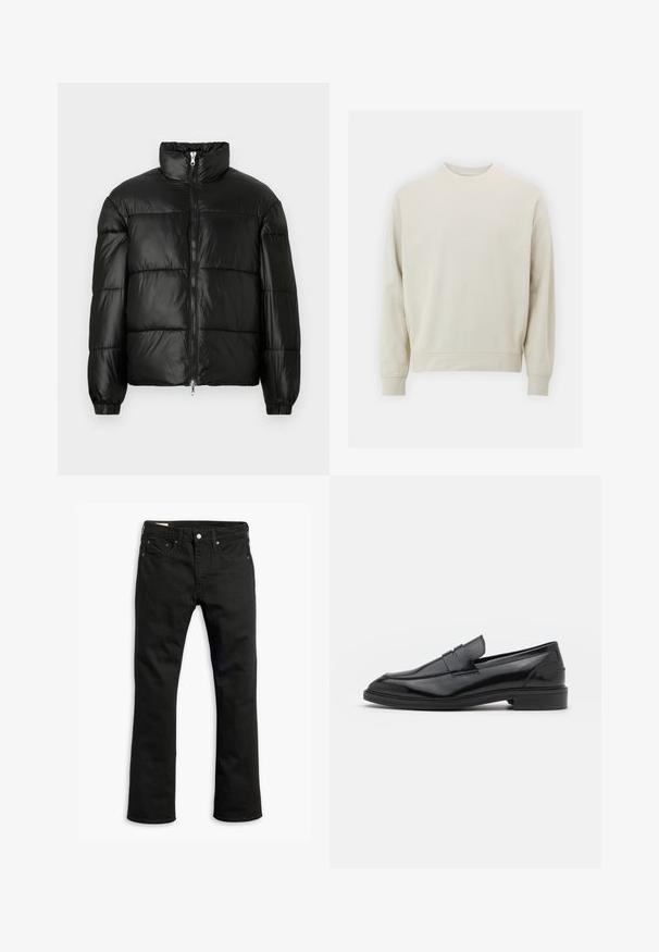 Giacca a vento nera con colletto alto, chiusura frontale con zip, design trapuntato, polsini elasticizzati e finitura in tessuto lucido e liscio.; Felpa beige chiaro realizzata in morbido tessuto con collo rotondo, maniche lunghe e polsini e orlo a costine. Design minimalista, senza motivi visibili.; Jeans in denim nero con design a gamba dritta, cinque tasche, chiusura con bottone metallico e dettagli di cucitura sottili. Tessuto liscio e colore solido.; Mocassini in pelle nera con finitura liscia, caratterizzati da una punta tonda e una fascia stretta sulla parte superiore. Tacco basso impilato.