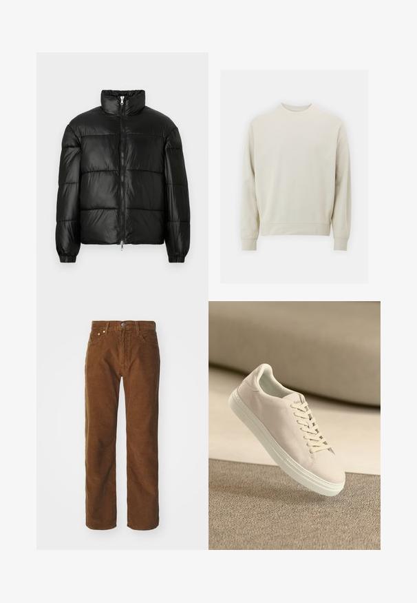 Zwarte pufferjack met een hoge kraag, ritsvoorzijde, gestikt ontwerp, elastische manchetten en een glanzende, gladde stofafwerking.; Lichtbeige sweatshirt van zachte stof met een ronde hals, lange mouwen en geribbelde boorden en zoom. Minimalistisch ontwerp, geen zichtbare patronen.; Levi's® Straight leg jeans - karla brown; Beige suède sneaker met een witte zool en veters, zwevend boven een gestructureerd beige tapijt tegen een zachte beige achtergrond.