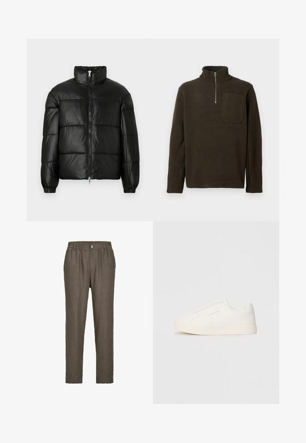 Black puffer jacket with a high collar, zip front closure, quilted design, elastic cuffs, and shiny, smooth fabric finish.; Brown fleece pullover with a high collar, half zip, and a chest pocket. Soft texture and relaxed fit, with long sleeves.; Jack & Jones JPSTKARL LAWRENCE - Trousers - dark brown; White slip-on sneakers with a textured surface, a thick sole, and minimalistic design. Features brand logo on the side.
