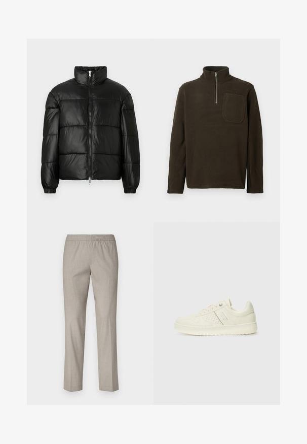 Geacă neagră din material puffy, cu guler înalt, închidere cu fermoar pe față, design matlasat, mansete elastice și finisaj din țesătură lucioasă și netedă.; Pulover din fleece maro cu guler înalt, fermoar până la jumătate și un buzunar pe piept. Textură moale și croială lejeră, cu mâneci lungi.; Pantaloni gri deschis cu talie elastică, design cu picioare drepte și o textură netedă a țesăturii. Fără modele vizibile sau detalii din metal.; Adidași crem cu detalii perforate, șireturi și logo pe lateral, expuși pe un fundal alb simplu.