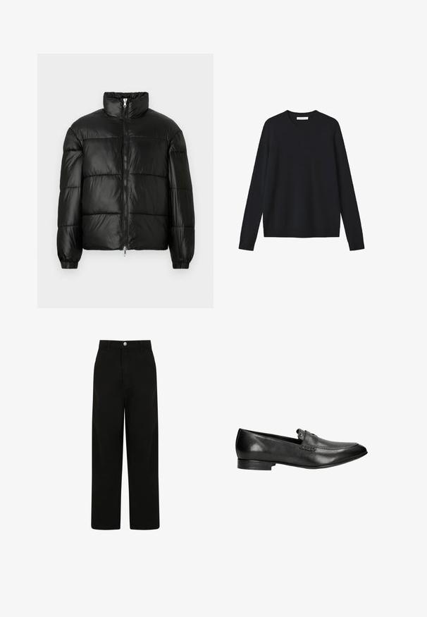 Zwarte pufferjack met een hoge kraag, ritsvoorzijde, gestikt ontwerp, elastische manchetten en een glanzende, gladde stofafwerking.; Zwarte gebreide trui met lange mouwen, ronde hals en geribbelde onderrand. Zacht van textuur, zonder zichtbare patronen of extra details.; Zwarte wijde beenbroeken, gemaakt van katoen. Voorzien van een voorste knoopsluiting, twee zijzakken en een ontspannen pasvorm.; Zwarte leren instappers met een lage hak, ronde neus en decoratieve stiksels. Heeft een subtiele band over de wreef met een metallic accent.