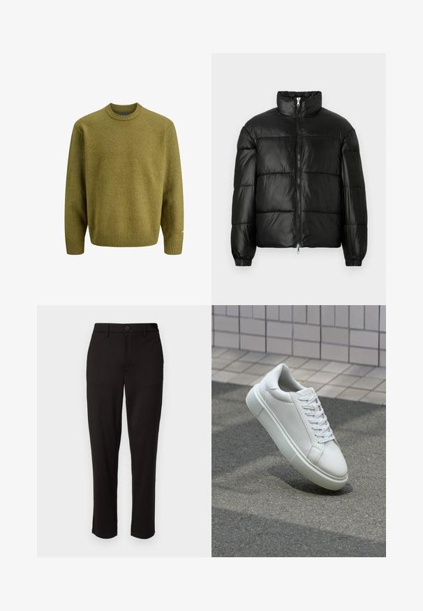 Črna pufasta jakna z visokim ovratnikom, z zadrgo spredaj, prešito zasnovo, elastičnimi manšetami in sijočim, gladkim zaključkom tkanine.; Olivno zeleni pulover iz teksturirane pletenine, z okroglim izrezom in rebrastimi robovi. Ohlapen kroj z dolgimi rokavi in subtilno dodatno podrobnostjo.; Črne hlače iz lahkega materiala, s pravimi hlačnicami, sprednjim gumbom za zapiranje, zankami za pas in stranskimi žepi.; Bela usnjena teniska obutev z gladko površino, okroglo konico in ravnimi belimi vezalkami. Ima teksturiran gumijast podplat in minimalne oblikovalske elemente.