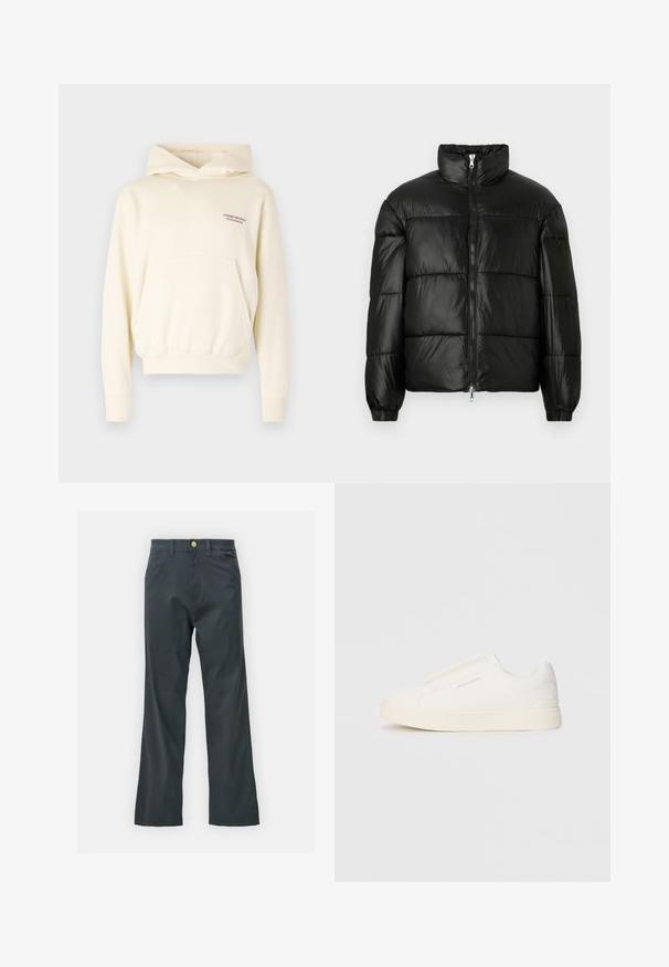 Mustat puffer-takki korkealla kauluksella, vetoketjukiinnitys edessä, tikattu malli, joustavat hihansuut ja kiiltävä, sileä kangasviimeistely.; Kermanvärinen huppari, jossa on etupuolella kengurupussi, säädettävä naruhuppu ja rintaosassa brodeerattu logoyksityiskohta. Pehmeä kangas.; Mustat housut suoran lahkeen leikkauksella, valmistettu puuvillasekoitekankaasta. Varustettu metallinappikiinnityksellä ja sivutaskuilla. Ei näkyviä kuvioita.; Valkoiset liukusukat, joissa on teksturoitu pinta, paksu pohja ja minimalistikot. Sivulla on brändin logo.