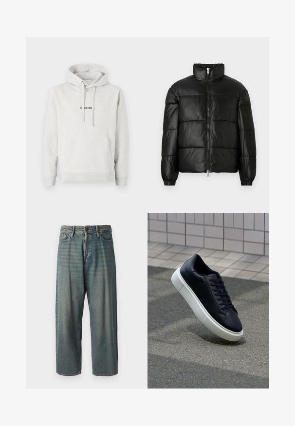 Casaco puffer preto com gola alta, fecho frontal em zíper, design acolchoado, punhos elásticos e acabamento de tecido brilhante e suave.; Sweatshirt cinza claro com um bolso canguru, capuz com cordão e texto bordado a preto na frente. Tecido em mistura de algodão, punhos canelados.; Jeans de ganga azul claro com um corte solto, cintura média e pernas retas. Apresenta cinco bolsos, passadores de cinto e fecho com botão.; Sapatilha de couro preto com bico arredondado e sola de borracha branca. Apresenta atacadores planos e costuras mínimas na parte superior. Sola texturizada para melhor aderência.