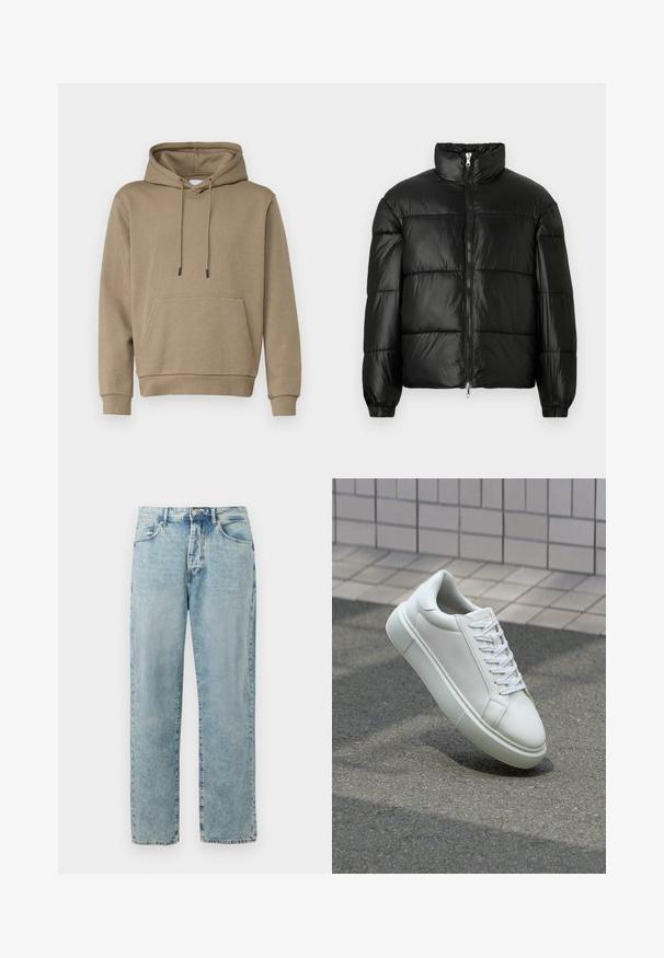 Geacă neagră din material puffy, cu guler înalt, închidere cu fermoar pe față, design matlasat, mansete elastice și finisaj din țesătură lucioasă și netedă.; Hanorac cu glugă de culoare maro deschis, fabricat dintr-un material moale. Include o buzunar frontal și manșete cu pliuri. Design simplu cu șnururi.; Blugi din denim drept, de culoare albastru deschis, cu închidere cu nasture și fermoar, buzunare frontale și detalii ușor decolorate.; Sneaker alb din piele cu o suprafață netedă, vârf rotund și șireturi plate albe. Dispune de o talpă din cauciuc texturată și elemente de design minimale.