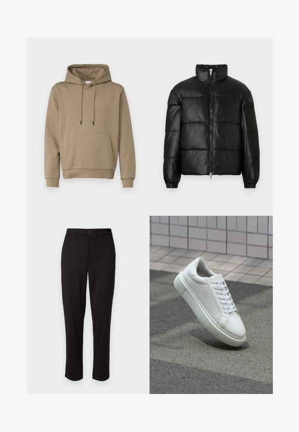 Casaco puffer preto com gola alta, fecho frontal em zíper, design acolchoado, punhos elásticos e acabamento de tecido brilhante e suave.; Sweatshirt com capuz em castanho claro, feito de tecido macio. Apresenta um bolso frontal e punhos canelados. Design simples com cordões.; Calças pretas feitas de tecido leve, com perna reta, fecho frontal com botão, passadores de cinto e bolsos laterais.; Tênis de couro branco com superfície lisa, bico redondo e cadarços brancos planos. Apresenta uma sola de borracha texturizada e elementos de design minimalistas.