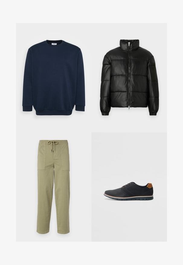 Svart puffjacka med hög krage, dragkedja fram, kviltat mönster, elastiska ärmslut och en blänkande, slät ytfinish.; Mörkblå sweatshirt i mjukt bomullsblandning, med rund halsringning, långa ärmar och ribbad mudd och nederkant. Minimalistisk design utan mönster.; Ljus olivgröna byxor i en bomullsblandning, med elastisk midja och dragsko, samt två stora sidofickor.; Svarta syntetiska skor med en strukturerad ovandel, släta detaljer, brun klack och en kontrasterande sula. Har minimal snörning och sömdetaljer.