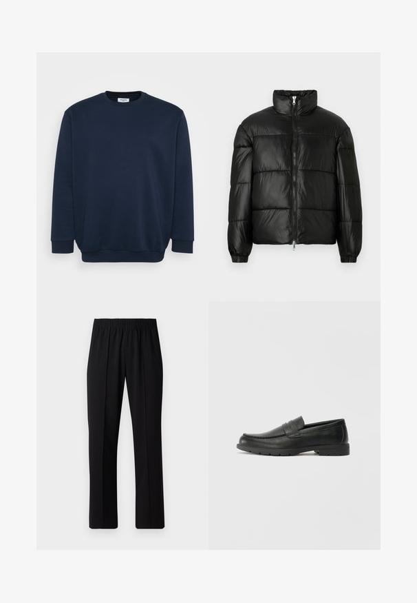 Must mustaga jakker, millel on kõrge krae, luku esikinnitus, tikanditud disain, elastsed mansetid ja läikiv, sile kangast viimistlus.; Tumesinine sviiter, mis on valmistatud pehmest puuvillasegust, millel on ümberkaudne kaelus, pikad varrukad ning ribakäised ja -alus. Minimalistlik disain ilma mustriteta.; Mustad, elastse puusärgid sirge säärega, mis on sileda tekstuuriga ja ilma nähtavate mustrite või riistadega.; Musthave nahkkingad siledast nahast, mokassiini stiilis ülevalt, tikanditega ja kummist tallaga. Klassikaline disain madala kontsaga.