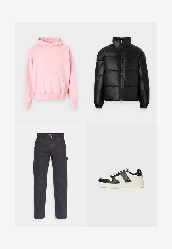 Doudoune noire avec un col montant, fermeture éclair sur le devant, design matelassé, poignets élastiques et finition en tissu lisse et brillant.; Sweat-shirt à capuche rose en mélange de coton doux, avec une poche avant, des poignets et un ourlet côtelés. Design simple avec une coupe décontractée.; Pantalons cargo gris foncé en tissu durable, avec une coupe droite, cinq poches et une fermeture à bouton à la taille.; Baskets en cuir avec un schéma de couleurs noir et crème, dotées d'accents perforés, d'un col rembourré et d'une semelle texturée.