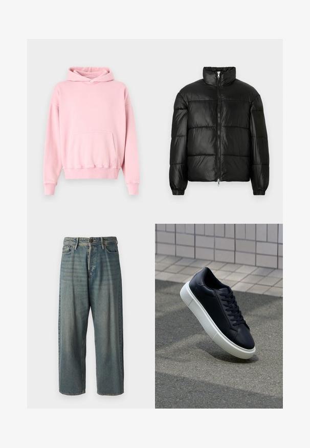 Black puffer jacket with a high collar, zip front closure, quilted design, elastic cuffs, and shiny, smooth fabric finish.; Pink hooded sweatshirt made of soft cotton blend, featuring a front pocket, ribbed cuffs, and hem. Simple design with a relaxed fit.; Light blue denim jeans with a loose fit, mid-rise waist, and straight legs. Features five pockets, belt loops, and a button closure.; Black leather sneaker with rounded toe and white rubber sole. Features flat laces and minimal stitching on the upper. Textured sole for grip.